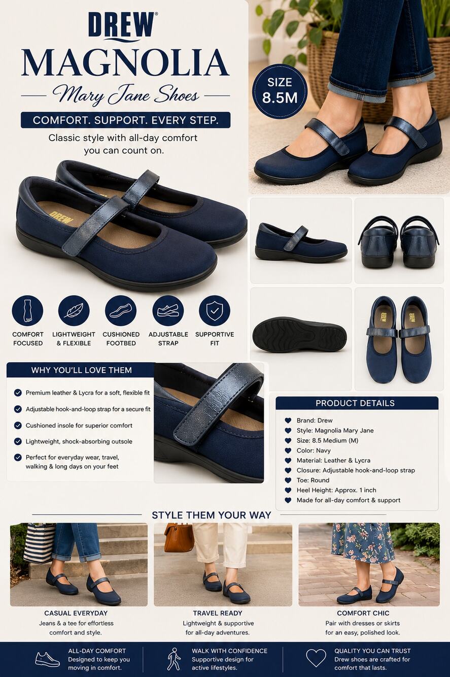 Drew Magnolia Mary Janes Shoes Sz8.5m Navy Leather Lycra Comfort Adjustable